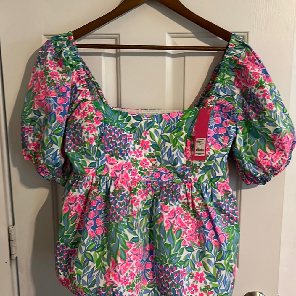 Lilly Pulitzer Pink and Green Puff Sleeve Blouse